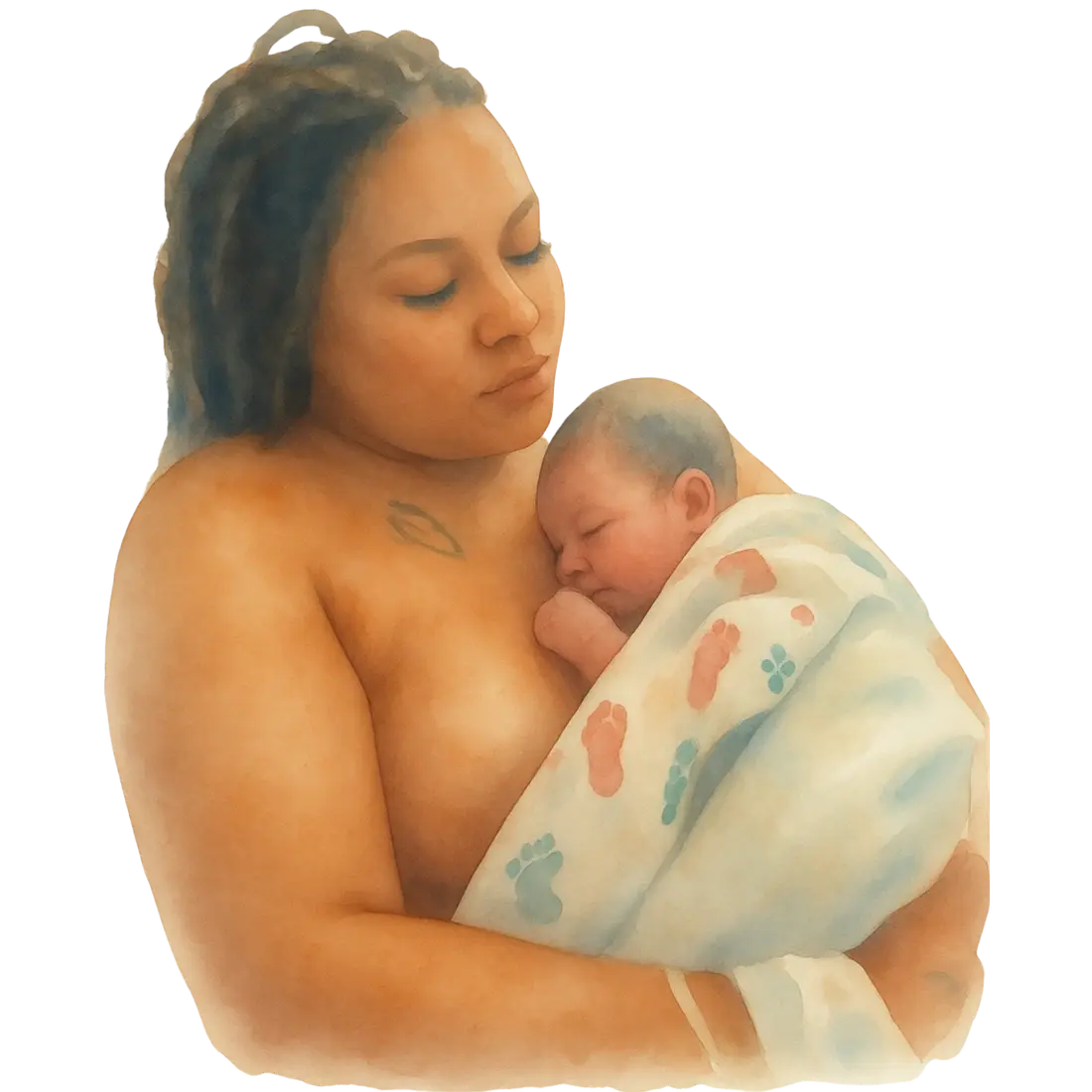 Watercolour illustration of a parent cradling their swaddled baby at home.